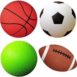 AppleRound Pack of 4 Sports Balls with 1 Pump for Toddlers and Kids: 1 Each of 5-Inch Soccer Ball, 5-Inch Basketball, 5-Inch Playground Ball, and 6.5-Inch Football (4 Balls and 1 Pump)