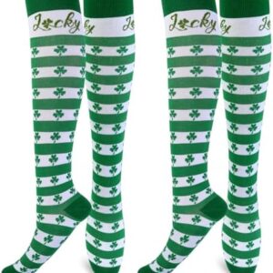 Subesty 2 Pairs St. Patrick's Day Socks, Lucky Shamrocks Compression Socks Knee High Novelty Holiday Socks for Men Women for Running Work Parade (L/XL)